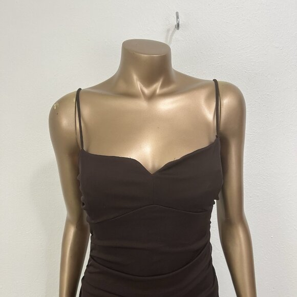 Vintage 90s Brown Chiffon Midi Dress Asymmetrical Hem Fairy Ethereal Earthy Sz M - Picture 2 of 12